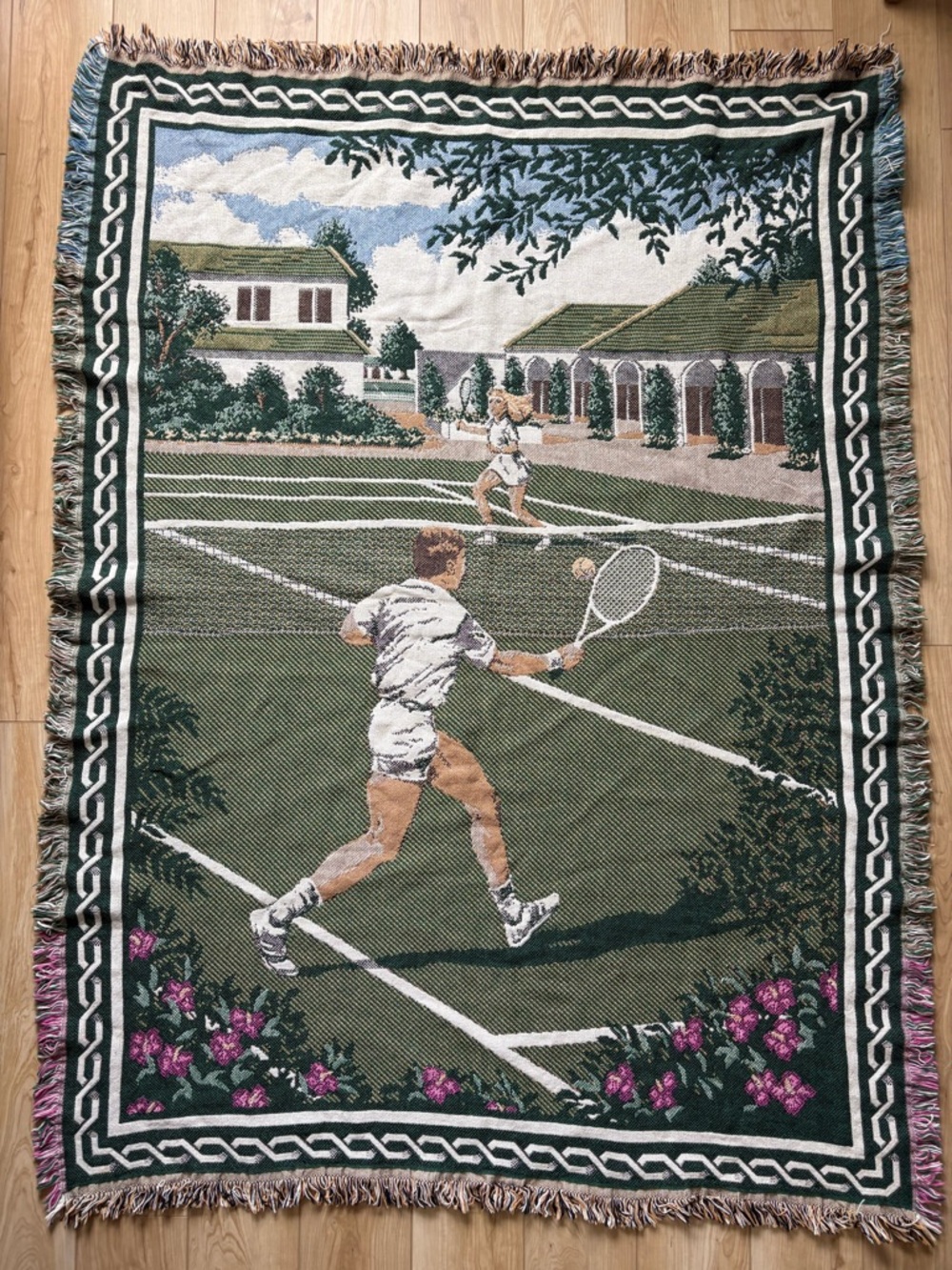 Tennis Court Woven Cotton Tapestry Throw Blanket EUC
